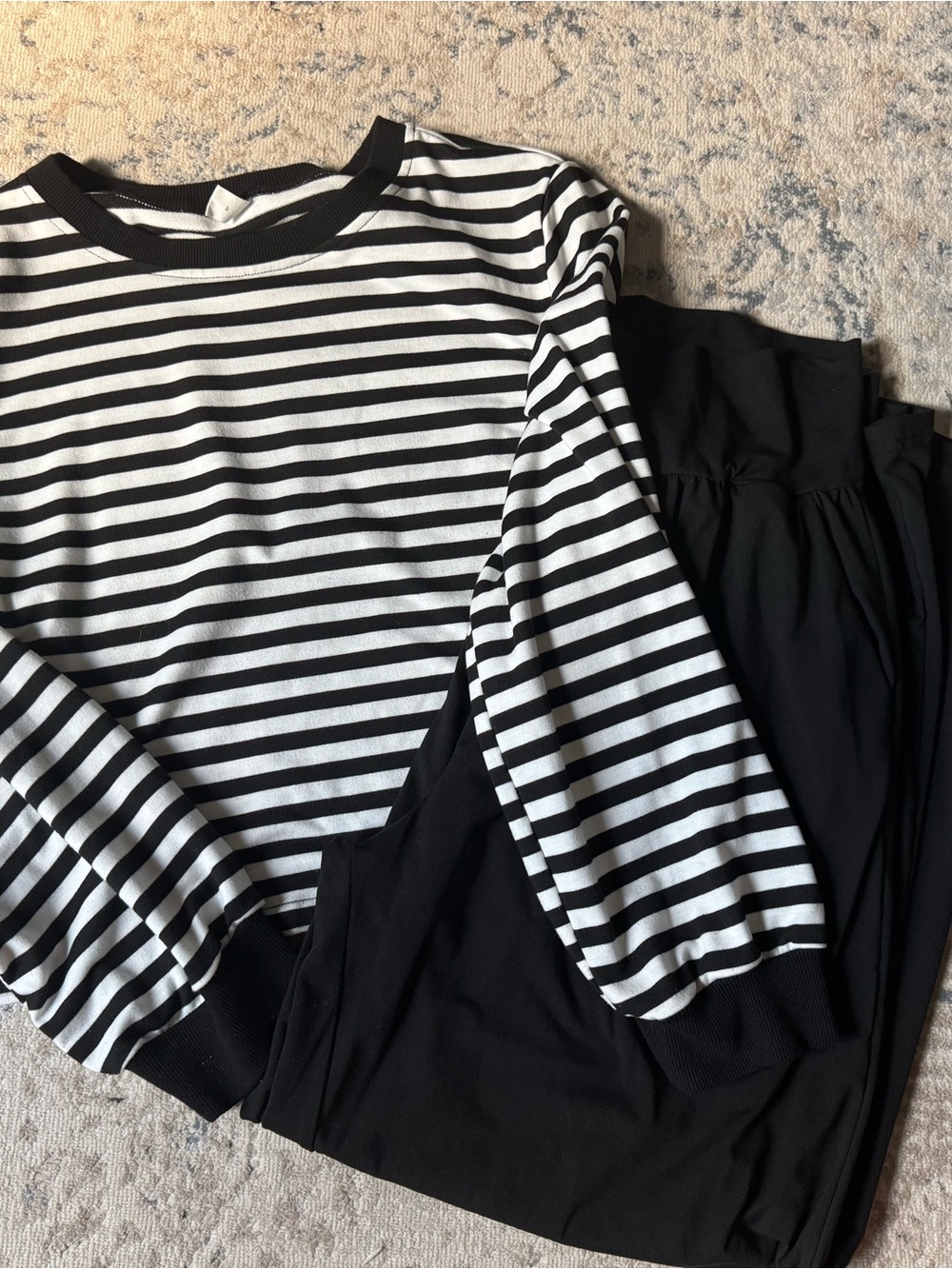Black & White Striped Long Sleeve Top & Wide Leg Yoga Pant Set